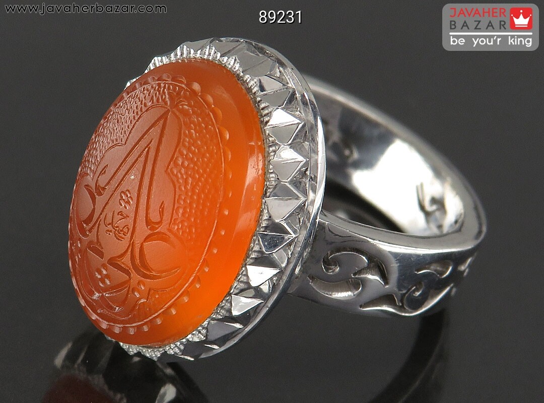انگشتر نقره عقیق یمنی نارنجی پرتقالی لوکس خاک تربت مردانه دست ساز به همراه حرز امام جواد [یا علی]